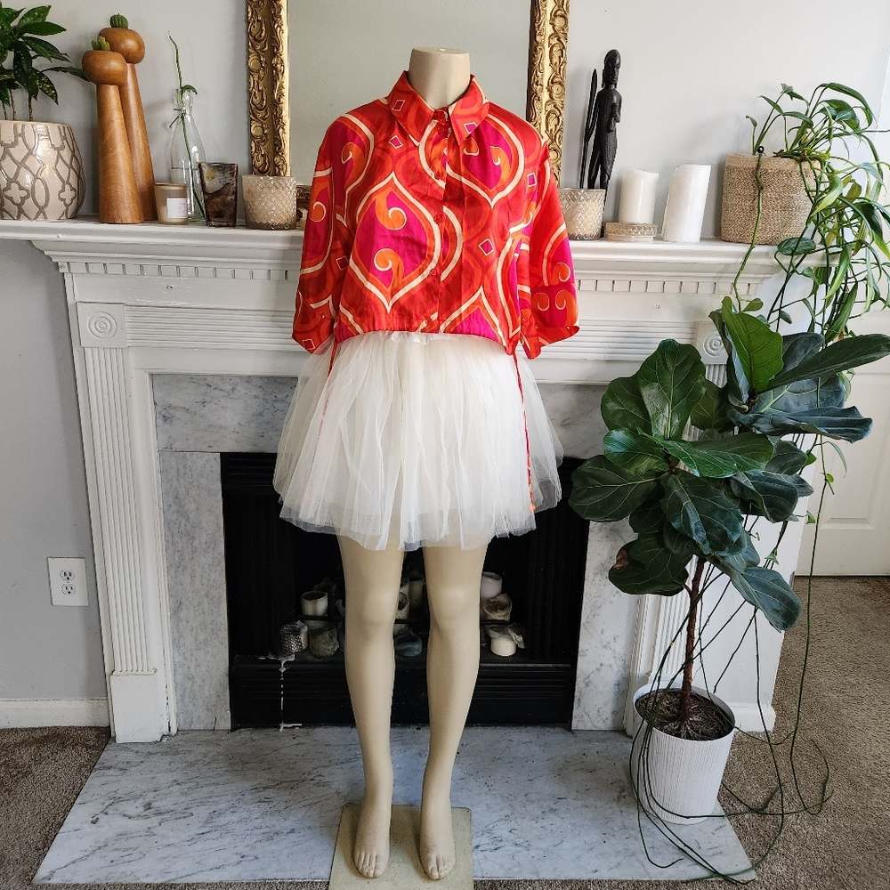 Zara Pink Cropped Satin Shirt Size Small Orange Beige Psychedelic Hippie - Picture 2 of 15